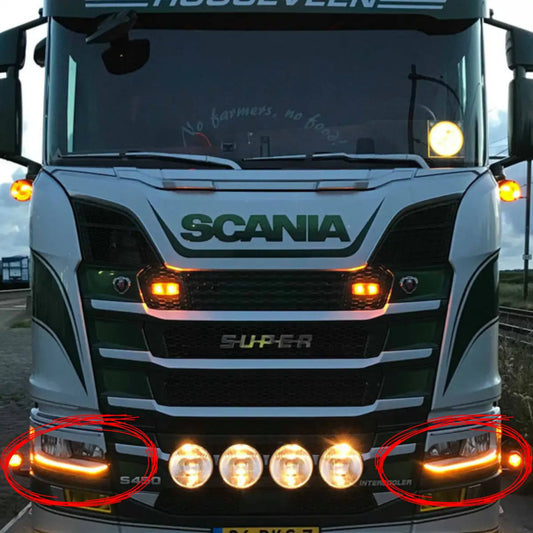 Front view of Scania S-series cab showcasing the DRL Conversion Kit, featuring orange LED light bars and four auxiliary lamps for models 2016+ with LED headlights.