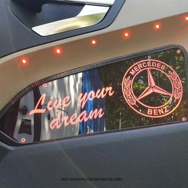 Mercedes Actros LED Custom Interior Door Panels with illuminated Mercedes-Benz logo and Live your dream slogan, featuring vibrant red LEDs for 24V vehicles.