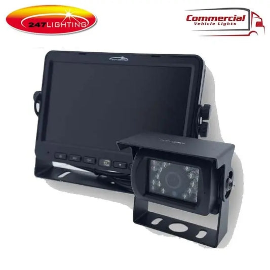 7 2 Channel Reversing Camera Kit with LCD monitor and rugged, water-resistant camera housing featuring infrared LEDs for low-light use, ideal for trucks and work vehicles.
