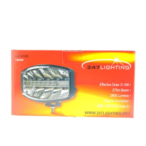 247 Lighting LED Driving & Position Lamp CA 6169, 244mm. Features 31.5W draw, 2800 lumens, 275m beam, with plug-in connector and EMC compliance. Rugged, weather-resistant design.