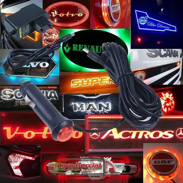 Scania Infill Panel Plexiglass Light Board with wiring components, including an AC/DC adapter, 12V cigarette-lighter plug, and DC extension cable, displayed with illuminated truck brand signs.