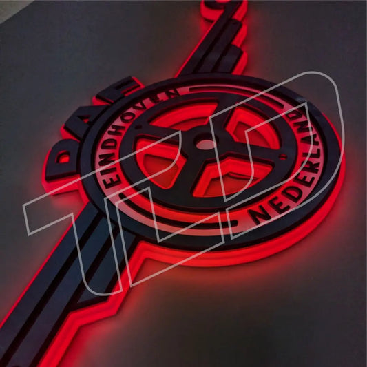 DAF Eindhoven Cabin light board, featuring a wheel motif with red LED backlighting, acrylic black base, aluminum silver front, and RGB LED system.