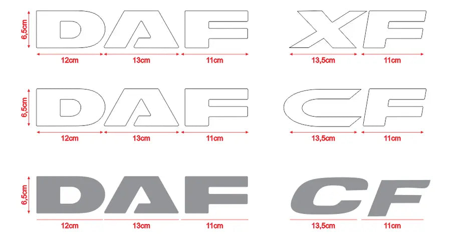 DAF Euro 5 LED Name Badge template showing decal patterns for truck badges with dimensions and outlines for precise cutting or printing.