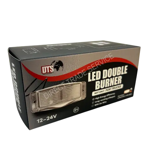 DTS LED Double Burner lamp packaging, showcasing dual-bulb LED marker/clearance light with dual color options, high energy efficiency, and long life features.