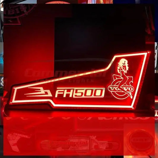 Volvo Fh/Fm LED Back-Lit Truck Interior Door Panels featuring “FH500” sign with pin-up silhouette, enhances custom garage style with strong, bright lighting.