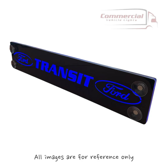 FORD TRANSIT LED Dash Table (2018-23) featuring a black acrylic sign with blue back-lit TRANSIT text, Ford logos, and four suction cups for windshield mounting.