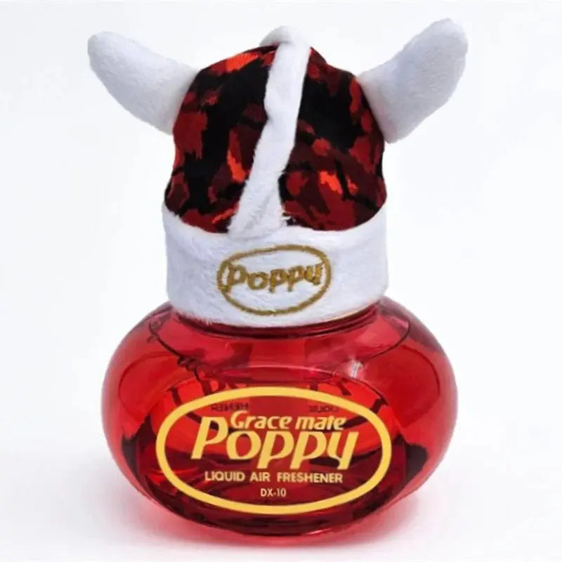 Gracemate Poppy Danish Plush Decorative Hat atop a red bottle, resembling a Viking helmet with horns, enhancing the air freshener's novelty and decorative appeal.