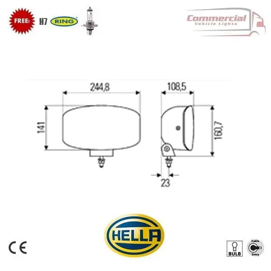 HELLA Jumbo 320 FF Spot Light with H7 bulb, 244.8mm width, CE approved, includes mounting dimensions, for commercial vehicles.
