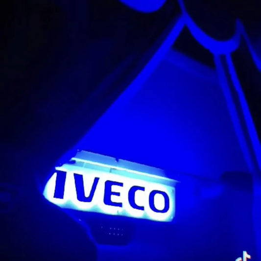 IVECO 3D Letters Truck Light Board with blue-backlit sign, showcasing 3D lettering on a laminated wood and plexiglass base, perfect for vehicle or office use.
