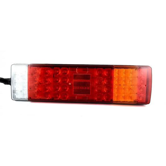 7 Function LED Combination Lamp Din Side Connector, featuring a clear, red, and amber multi-section housing for reverse, brake, and turn signals, suitable for 12V/24V vehicles.