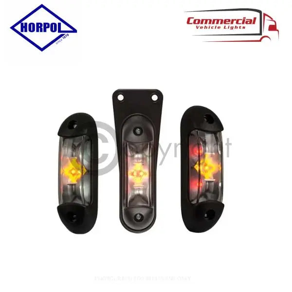 Led 3 Way Outline Marker Light LD2167 by HORPOL, showing three black-housed amber-LED lamps, front and side views, designed for 12-24V commercial vehicles.