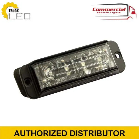 4 LED Blue Strobe Warning Light 12/24v in black housing with clear lens, featuring two mounting holes, foam gasket, and Truck LED branding, ideal for commercial vehicles.