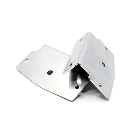 Stainless-steel angle brackets with pre-drilled holes, part of Double Burner Mounting Plates Ledson/Hella, for reinforcing flat surfaces at right angles.