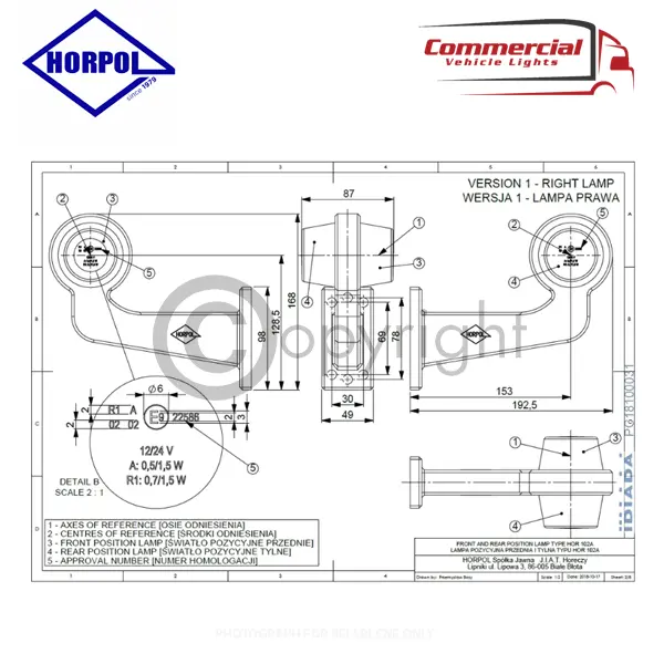 Technical drawing of Long Arm Old School Marker Light Neon Amber-Red Horpol, showing right-hand rear lamp assembly with dimensions, homologation markings, and mounting details.