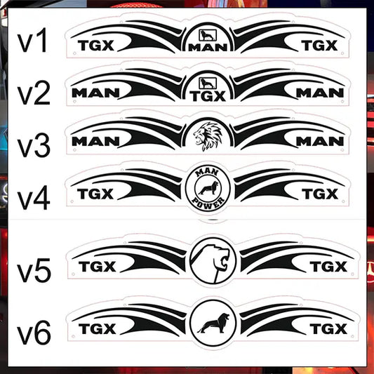 MAN Interior Truck Mirror 1000x180mm, showcasing six black and white decal options featuring MAN and TGX logos with central emblems, enhancing truck cabin styling.