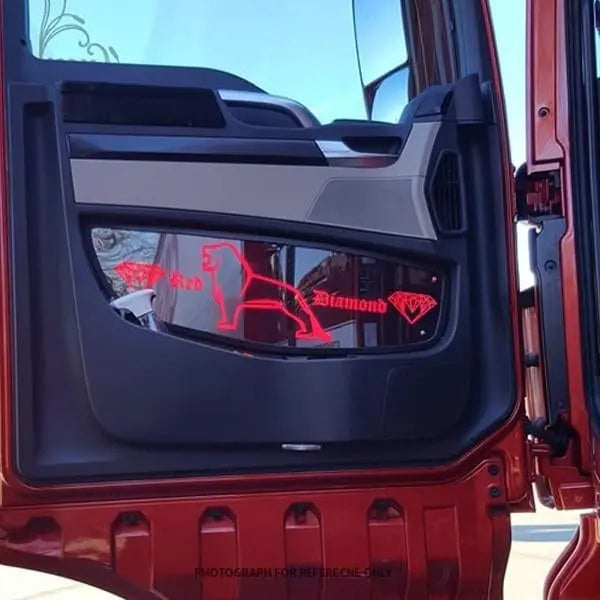 Man Tgx LED Back-Lit Custom Interior Door Panels featuring a red LED graphic with Diamond text on a metallic red vehicle door, showcasing premium truck lighting.