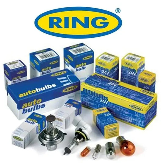 Ring R507 24v 5w W5W Capless Side and Panel Bulbs, 10-pack, displayed with blue-and-yellow RING branded packaging and various automotive light bulbs.