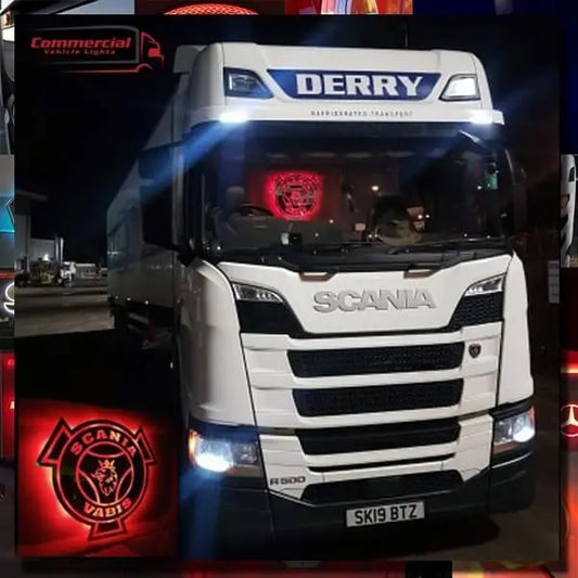 Limited Edition Scania Truck LED Mirror/Light Board 50x50cm displayed on a Scania R500 at night, highlighting illuminated bumper lights and branding details.