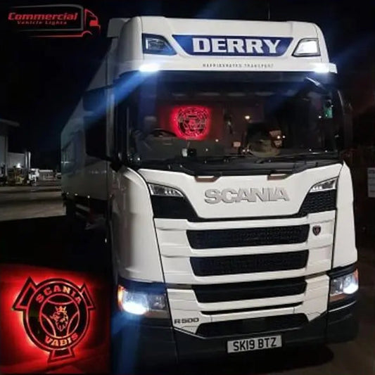 Limited Edition Scania Truck LED Mirror/Light Board 50x50cm displayed on a Scania R500 at night, highlighting illuminated bumper lights and branding details.