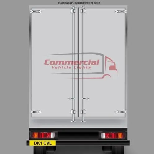 Stylized illustration of rear commercial truck with dual cargo doors, showing 7 Function LED Combination Lamp Din Side Connector, featuring cam locks, integrated tail lights, and license plate area.