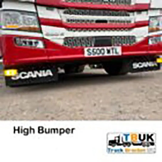 Close-up of Scania truck's high bumper, showcasing the Next Gen Front Mudflap Mounting Bracket Kit, designed for secure, corrosion-resistant mudflap installation.