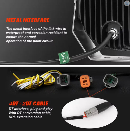 HELIOS Dual color Driving Light features a waterproof metal interface and plug-and-play 4DT + 2DT connectors, ensuring reliable performance for automotive LED applications.