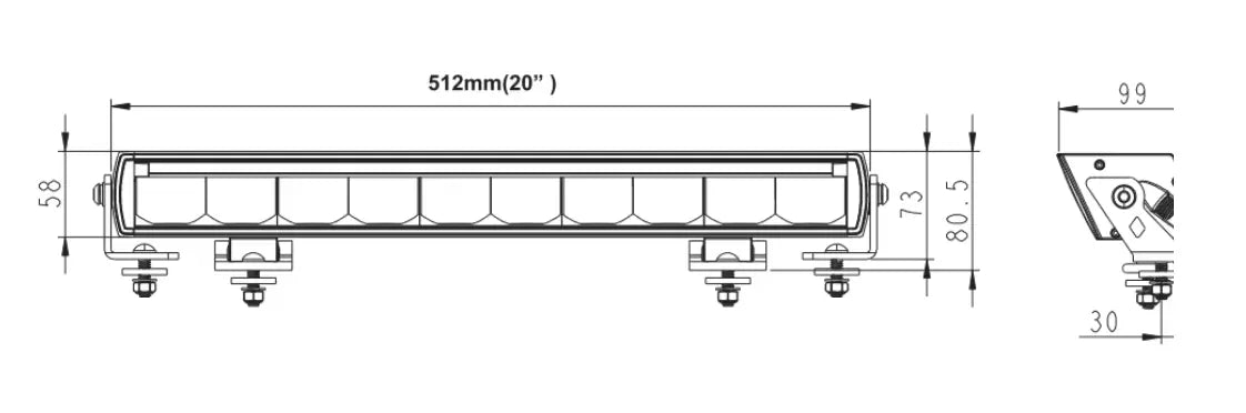 LED Bar with Position Light, White/Amber, 9-32 Voltage: 20 rectangular with adjustable brackets, 58 mm height, 99 mm depth, pivoting side bracket for tilt.