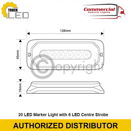 Amber HALO Strobe Warning Lamp, with 6 central strobe LEDs, slim rectangular housing, 128x45x19mm dimensions, and “TRUCK LED” and distributor branding, ideal for vehicles.