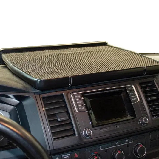 VW Transporter T6/T6.1 LED Dash Table (2016-On) featuring a non-slip tray on dashboard, designed for holding phones and essentials securely while driving.