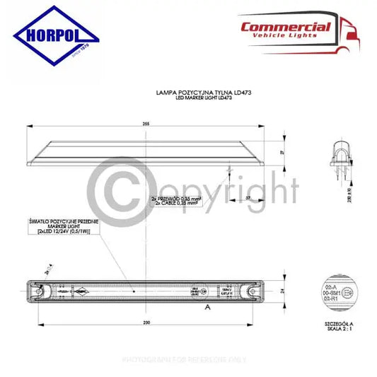 Rear Position Marker Light Long Red LD473 blueprint, showing three views with dimensions, wiring details, and certification marking for commercial vehicles by Horpol.