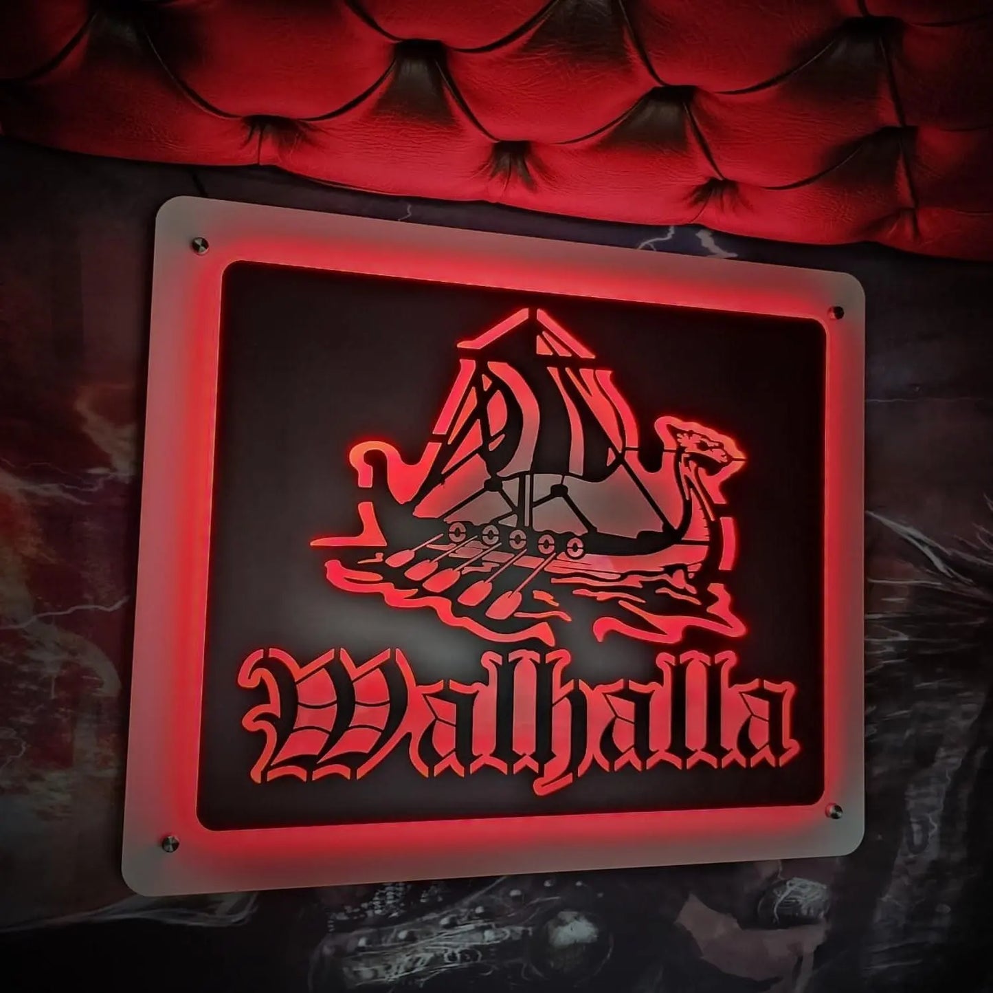 Valhalla Viking 50cm 3D Lightboard, showcasing a glowing red Viking longship design with Walhalla text, mounted on a patterned wall.