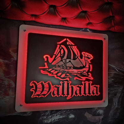 Valhalla Viking 50cm 3D Lightboard, showcasing a glowing red Viking longship design with Walhalla text, mounted on a patterned wall.