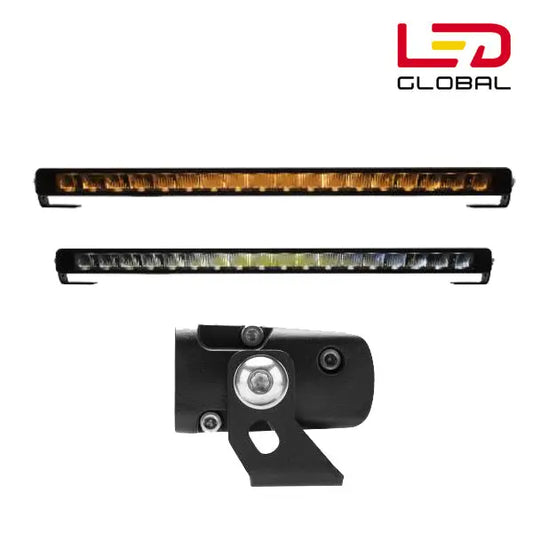 108 Watt Super Slim LED Driving Bar with Dual Colour Park Light on a bracket, featuring amber and white LED bars, and a round LED pod.