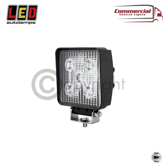 15W LED 12-24v Square Flood Lamp with six LEDs, clear textured lens, black die-cast enclosure, and adjustable bracket. Part number: 10915BM. Suitable for commercial vehicles.