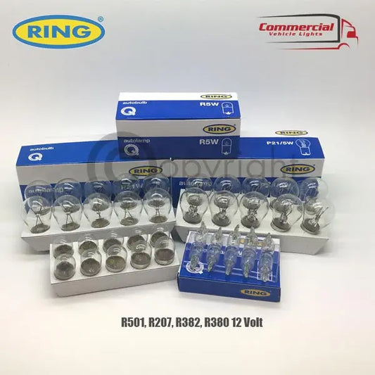 40 X Ring 12 Volt Car Bulbs Set includes packaged and loose automotive bulbs with part numbers R501, R207, R382, R380, featuring Ring branding and logo.