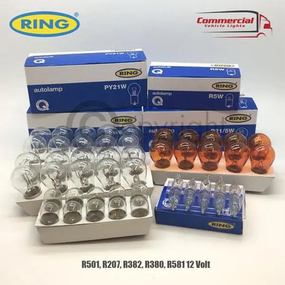 50 X Ring 12 Volt Car Bulbs Set with clear and amber bulbs in trays, labeled for various automotive lighting needs, including R21/5W, PY21W, R5W types.