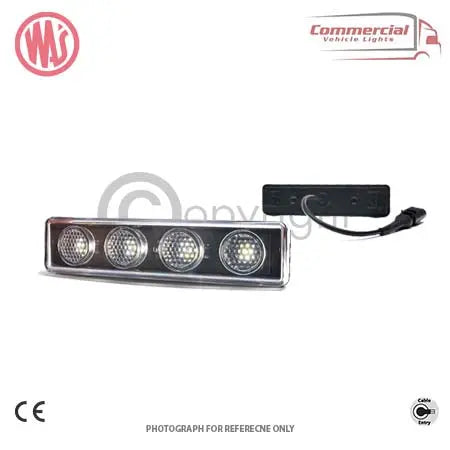 WAS W190 White LED Front Position Marker Scania R Visor Light, features five LEDs, low-profile rectangular design, CE-marked, shock-resistant, two-bolt mount, IP67 ingress protection.