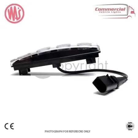 WAS W190 White LED Front Position Marker for Scania R; low-profile with four LED lenses, CE marking, shock and water-resistant, two bolt mounting.