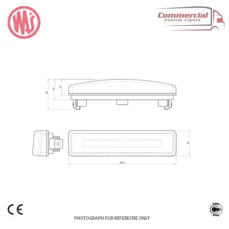 Orthogonal views of WAS W190 White LED Front Position Marker Scania R Visor Light, highlighting dimensions, branding, and features like IP67 protection and ECE approval.