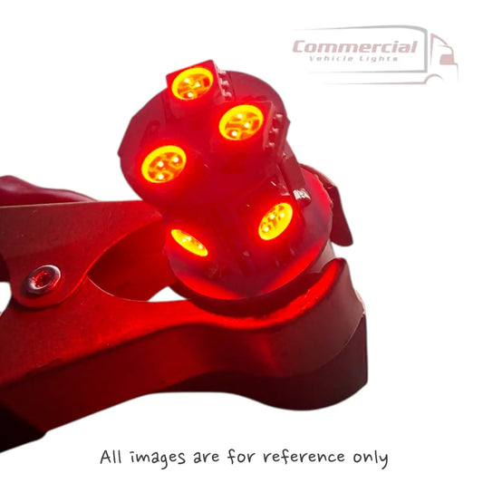 Close-up of red LED strobe light in clamp, labeled Commercial Vehicle Lights, for 24v Premium LED Single Contact RED/WHITE Tail Light Bulbs, Torlok brand.