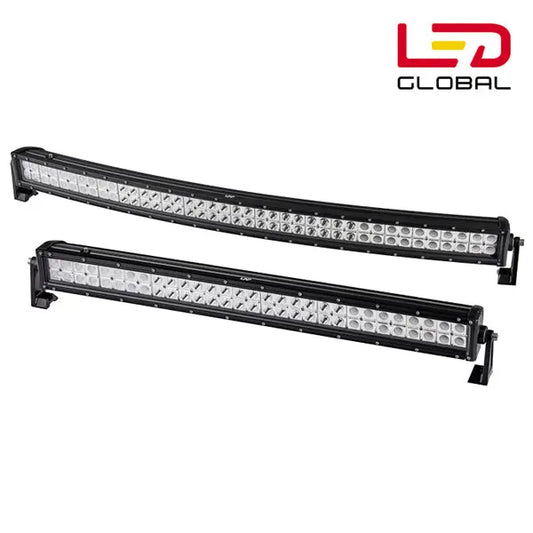 180 Watt LED Curved Combo Beam Work Light Bar by LED Global, featuring high-output LEDs in aluminum housing with mounting brackets, ideal for off-road use.