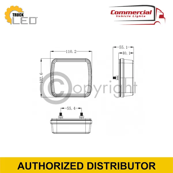 3 FUNCTION SQUARE TRAILER LIGHTS x 2 100mm, shown in technical drawing with dimensions and mounting points, ideal for commercial vehicles, featuring robust LED technology.