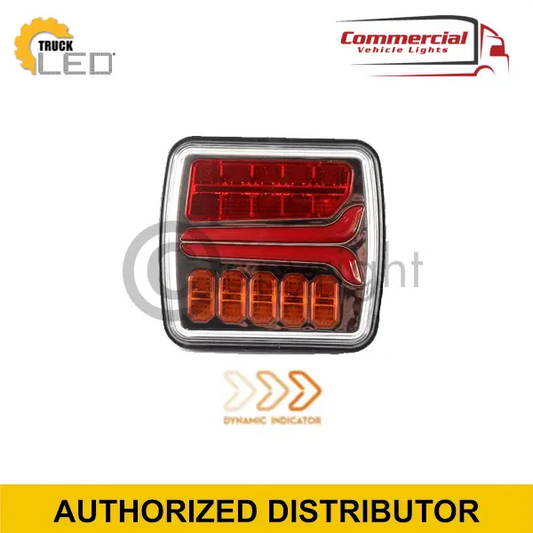 3 FUNCTION SQUARE TRAILER LIGHTS x 2 100mm with red stop light, dynamic amber turn indicators, and Truck LED branding. Ideal for commercial trucks.