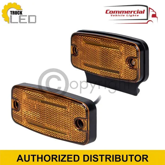 Amber rectangular LED side marker lamp with textured lens and black housing branded Truck LED, featuring integrated mounting holes and AUTHORIZED DISTRIBUTOR text at the bottom.