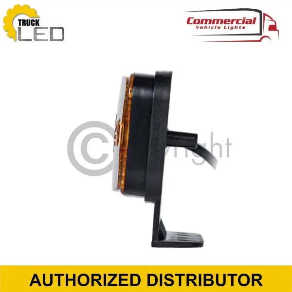 LED Side Marker Lamp Orange With Reflector 115mm, showing amber lens in black housing, bracket-mounted, with power lead, and Truck LED branding visible.