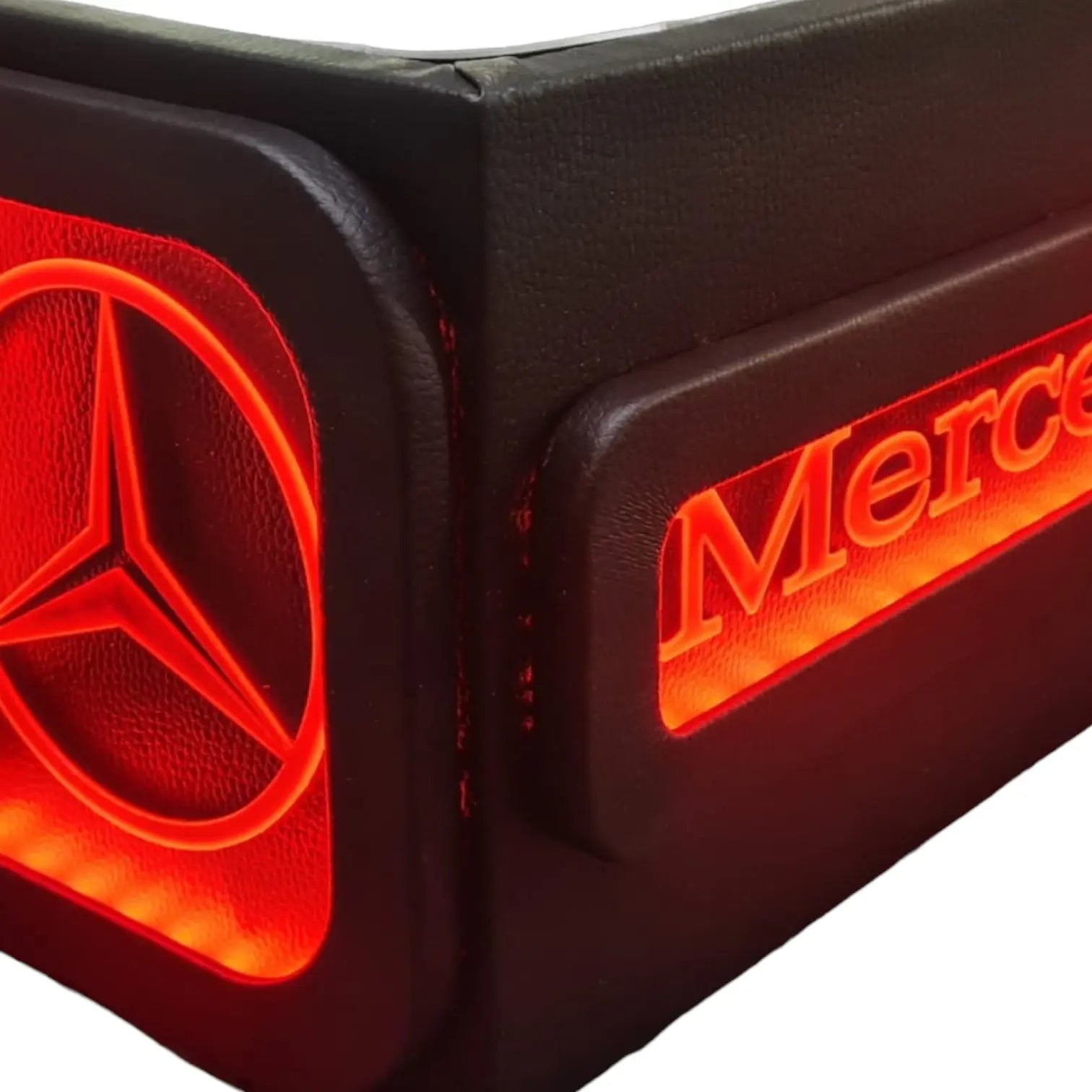Mercedes MP4/5 Truck LED Seat Base with black leather texture, featuring a red backlit Mercedes emblem and glowing Mercedes text, crafted from ECO Leather.