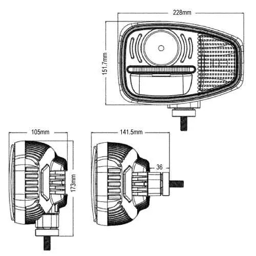 Combo LED Head Light (Left) | RHD with front and side engineering drawings, showcasing dimensions and mounting details for versatile off-road use.