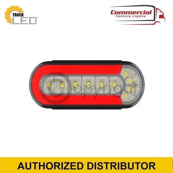 DYNAMIC LED 4 FUNCTION COMBINATION LAMP 165 MM featuring red/white LED clusters, oval shape, logos, and AUTHORIZED DISTRIBUTOR banner. Suitable for trucks, shock-resistant, ECE approved.