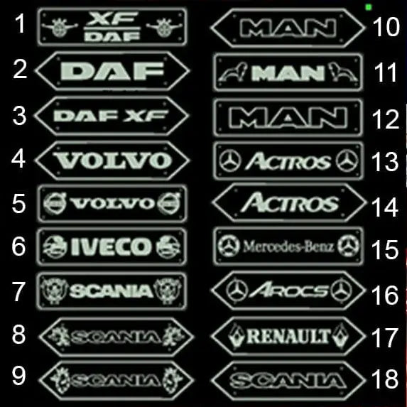 Custom Mirror For All Trucks & Vans 70x18cm featuring 18 stencil templates of heavy-truck maker logos and models, designed for stylish customization with LED RGB lighting.