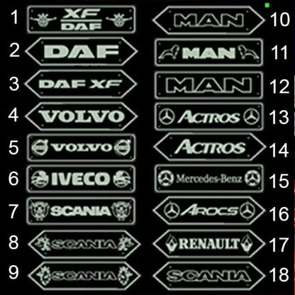 Custom Mirror For All Trucks & Vans 70x18cm featuring 18 stencil templates of heavy-truck maker logos and models, designed for stylish customization with LED RGB lighting.